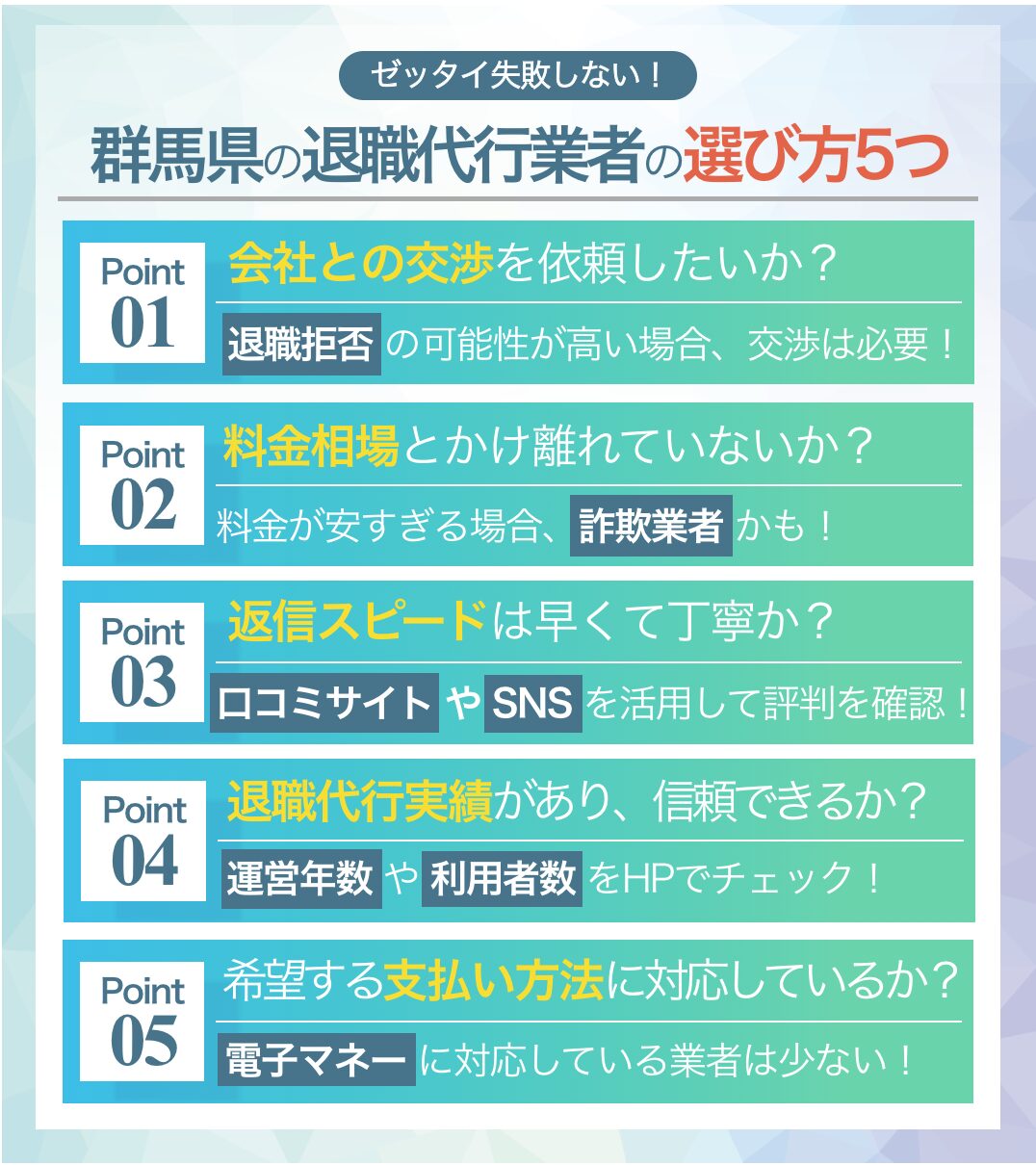 群馬県で退職代行業者を選ぶ際のポイント