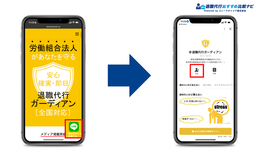 退職代行ガーディアンの公式サイトにアクセスし、右下したのLINEアイコンをクリック。その後、公式LINEで追加ボタンをクリックする